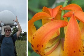 Left: Old man approximately practicing soccer throw-in atop a very tall mountain. Right: The beauty of Turk's cap lily helped ease the climb for The Day Hiker as we neared the summit.