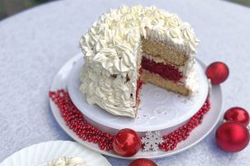 Nikki Norman’s four layers of Red & White Velvet Cake turned into three exquisite layers for our in-house baker.