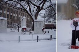 Left: Snow blankets the war memorial and old post office in downtown Roanoke. Right: Neighbor Kurt Navratil.