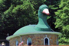 The goose – its head reaching 
up 15 feet – nests upon the house, with the tail extending at the back.