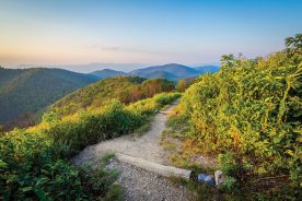 Trail and view of the Blue Ridge Mountains in Shenandoah National Park, Virginia.