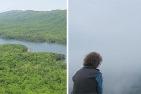Left: Green and full, Carvins Cove, April, 2011. Right: The Greatest Day Hiker Of Them All watches the fog blow from the top of Flat Top Mountain.