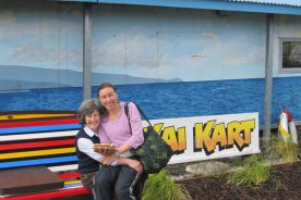 Just outside the Kai Kart on Stewart island, owner Hilli Maas-Barrett hams it up with helper Vanessa. (Kai is the Maori word for food; the fish and chips were great.)