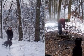 Left: Kurt and Cookie on the trail. Right: The struggling campfire.