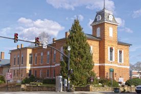 The imposing 1881 Transylvania County Courthouse sits in the center of downtown Brevard—and yes, that’s a white squirrel decoration on the lightpost.