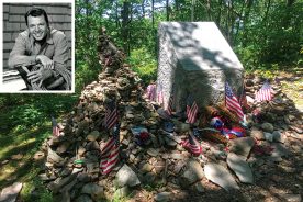 The Murphy monument atop Virginia’s Brush Mountain. Inset: Audie Murphy as Tom Smith from the TV program “Whispering Smith.”