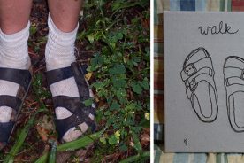 Left: Gail in sock feet and Birkenstocks. Right: We came across Kathryn Estelle's beautifully appropriate Birkenstock embroidery through the Birkenstock blog and Flickr feed - see below for links!