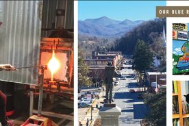 Left to right: Glass artisans use methane from nearby landfill at the Green Energy Park. A Civil War soldier stands watch over Sylva’s Main Street. Public art decorates Sylva’s business district. A cat peruses the offerings at Sylva’s City Lights Bookstore.
