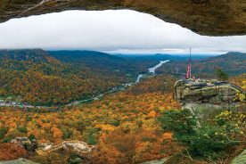 This view of the formation is only one of the lures of North Carolina’s Chimney Rock State Park and the village below.