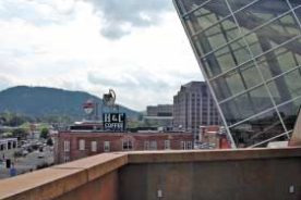 Historic meets modern in the view from the Taubman Museum’s terrace: downtown Roanoke, with Mill Mountain in the background.