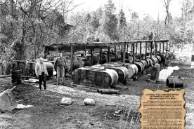 This Franklin County (Va.) still, which was destroyed in 1972, is reputed to be the largest one ever destroyed. It contained 24 “black pot” stills, each containing 800 gallons of product.