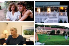 Top left: Jennifer Grey and Patrick Swayze, in a scene filmed at Mountain Lake. Top right: Grey in the Housemans' cottage (filmed at Mountain Lake). Bottom right: the hotel at Mountain Lake, in a scene from the film. Bottom left: Edith Bond, a banker in Lake Lure, N.C., danced as an extra in the film’s final scene.