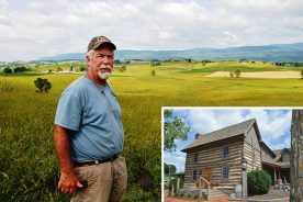 Longtime farmer Bill Croft standing on the farm in Augusta County, Virginia. Inset: Lodging for the Inn at MeadowCroft is inside restored log cabins.