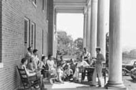 Actors rehearse at Stonewall Hill, part of the former Stonewall Jackson Institute campus and another early dormitory for the Barter players.