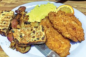 At Hole in the Wall, breakfast, including pork tenderloin, is served all day.