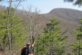 The Greatest Day Hiker Of Them All pretends she is going to have a hard time climbing Highcock Knob, here still a mile or so into the distance on the return walk.
