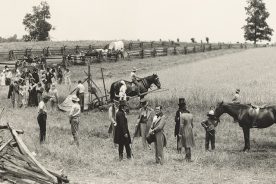 This production still is from the 1937 Fox Hearst film “Romance of the Reaper,” which was produced by International Harvester to celebrate the McCormick reaper’s centennial. The scene is a re-creation of the first reaper test.