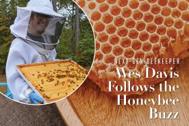 New beekeeper, Wes Davis, suits up and performs regular maintenance of cleaning and caring for the needs of his hives.