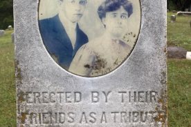 Portrait of Stuart Gay and Mabel Pendleton centered on the front of their shared tombstone.